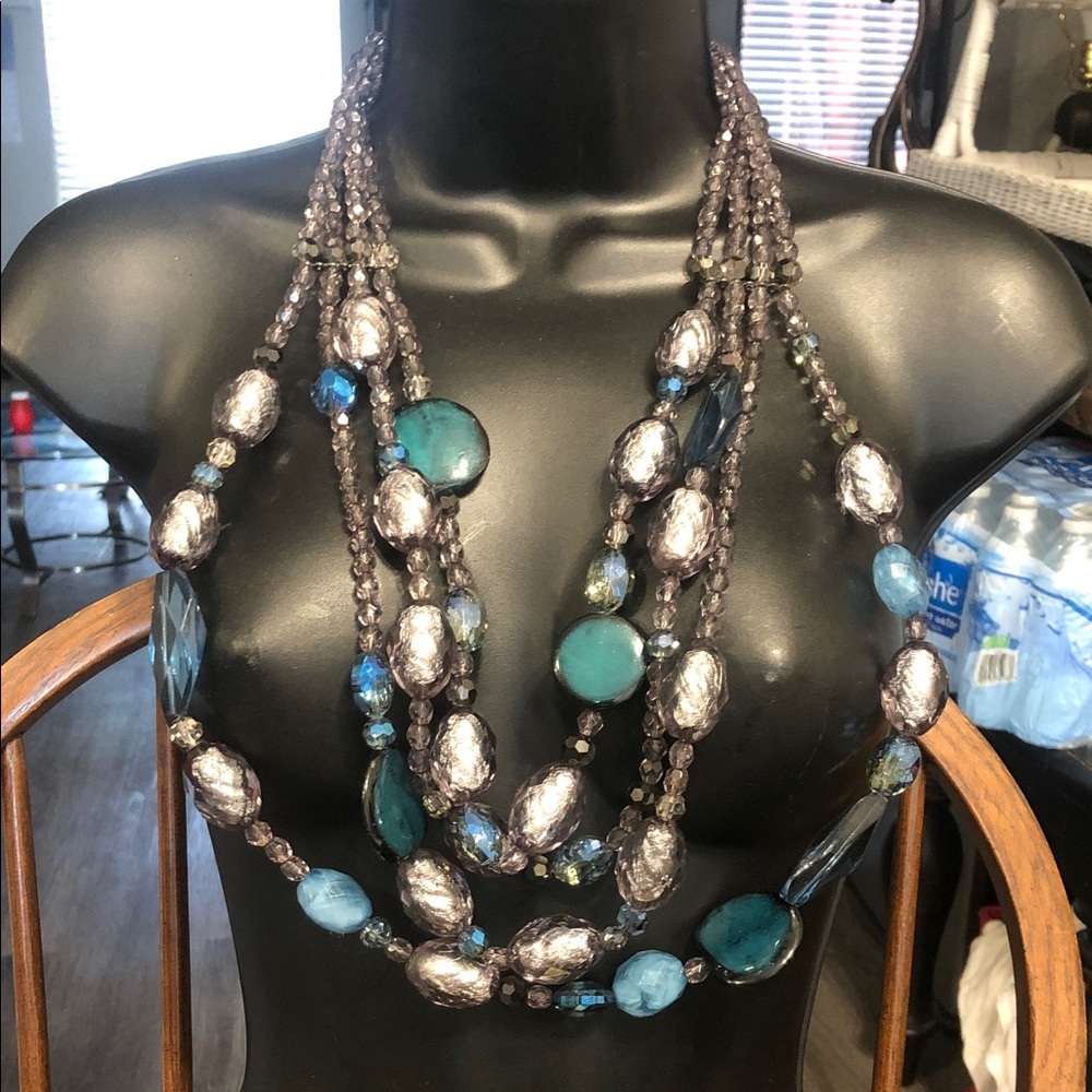 Multi-Strand Teal & Silver Bead Necklace - Women Jewelry